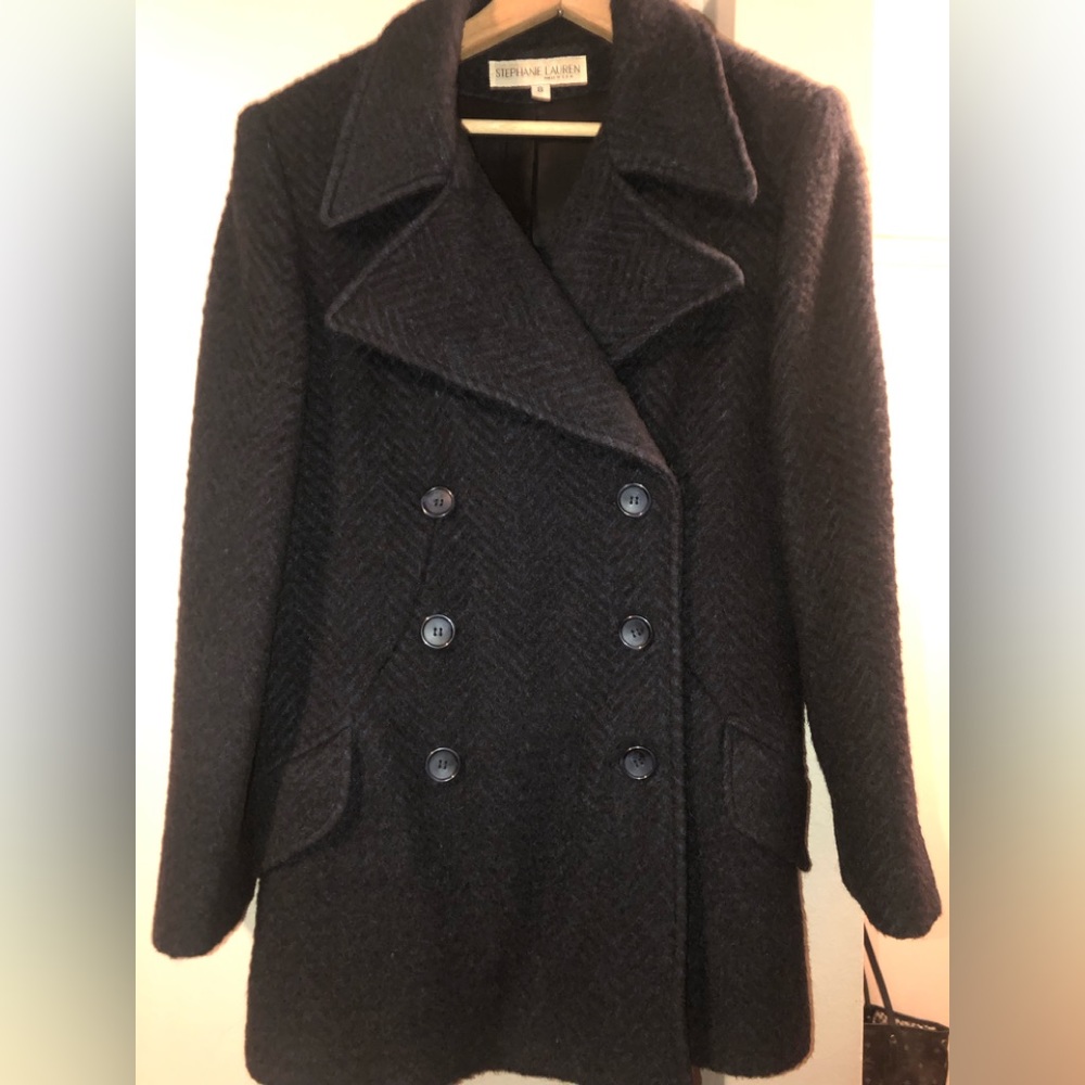Gorgeous Vintage S Lauren Black/Navy Herringbone mohair/wool pea coat ( 8 )